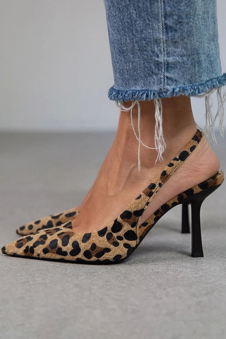 Zapatos Slingback de Tacón Bajo – Estampado Leopardo con Punta Estilizada Femenina
