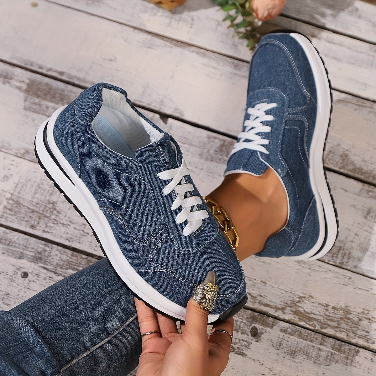 Zapatillas con Plataforma de Lona – Estilo Denim con Cordones para Caminar