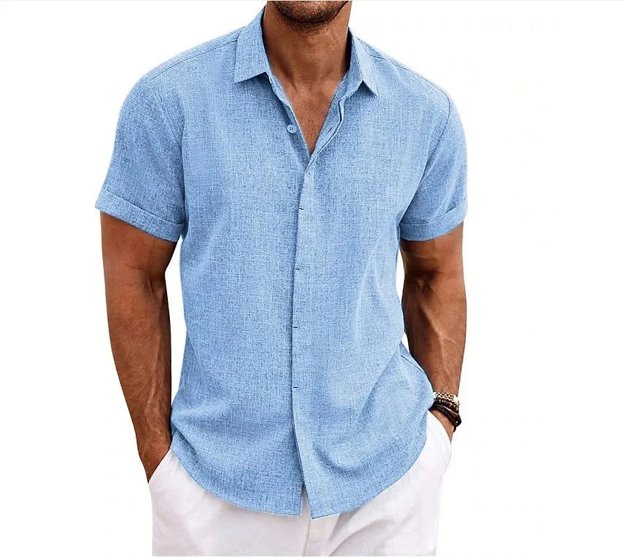 Camisa de Algodón y Lino de Hombre Momount – Manga Corta con Botones Casual