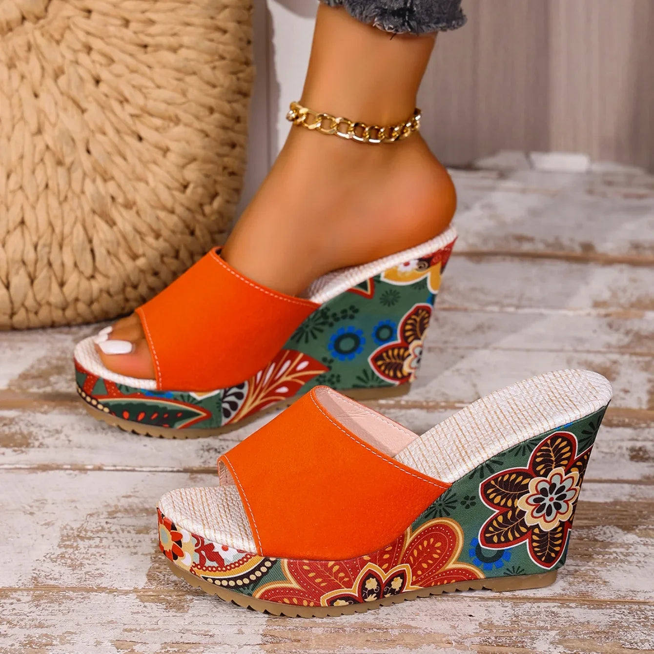 Sandalias de Cuña de Mujer – Ante Estampado Floral Plataforma Slide Boho