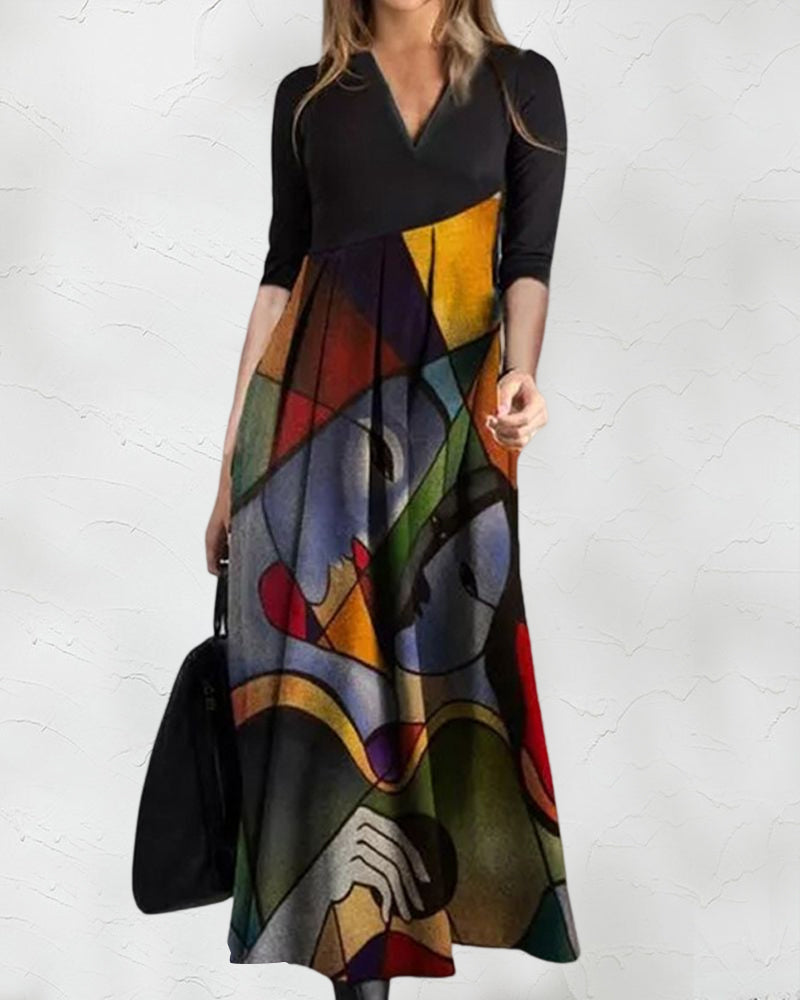 Cassellia | Vestido Largo Línea A con Estampado Abstracto y Escote en V