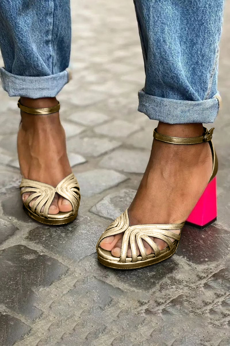 Auriana | Sandalias de Tacón Bloque Metálicas con Tiras para Cóctel