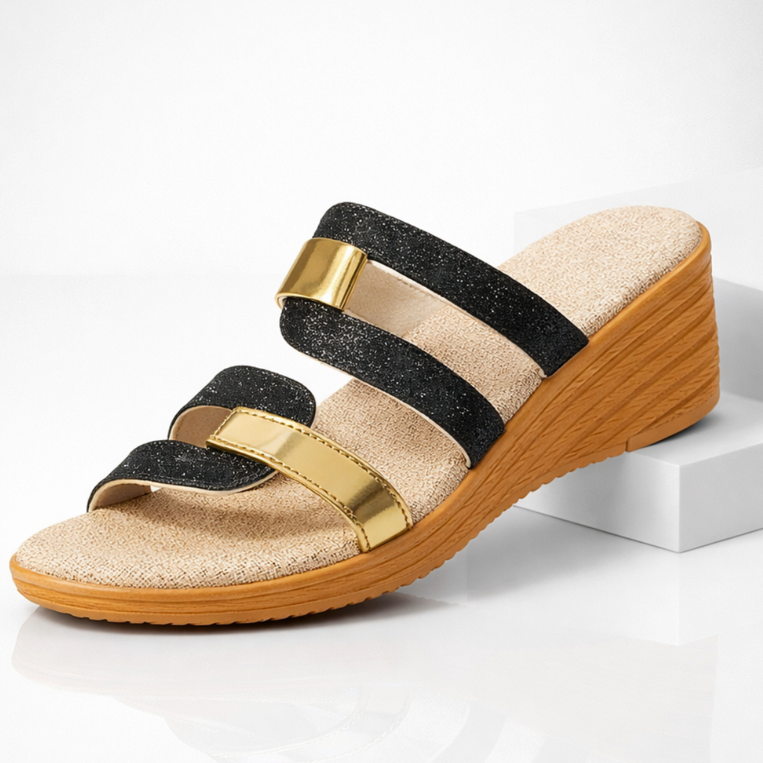 Sandalias Slide de Mujer – Glitter Metalizado Doble Tira Cuña Baja