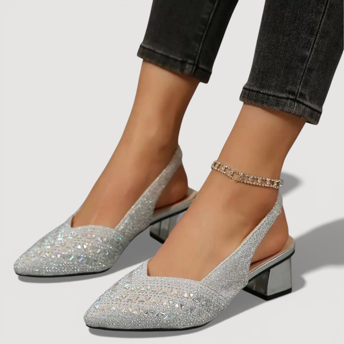 Momount Mujer Salones Slingback – Pedrería Puntera Puntiaguda Tacón Cuadrado Bajo Escote V