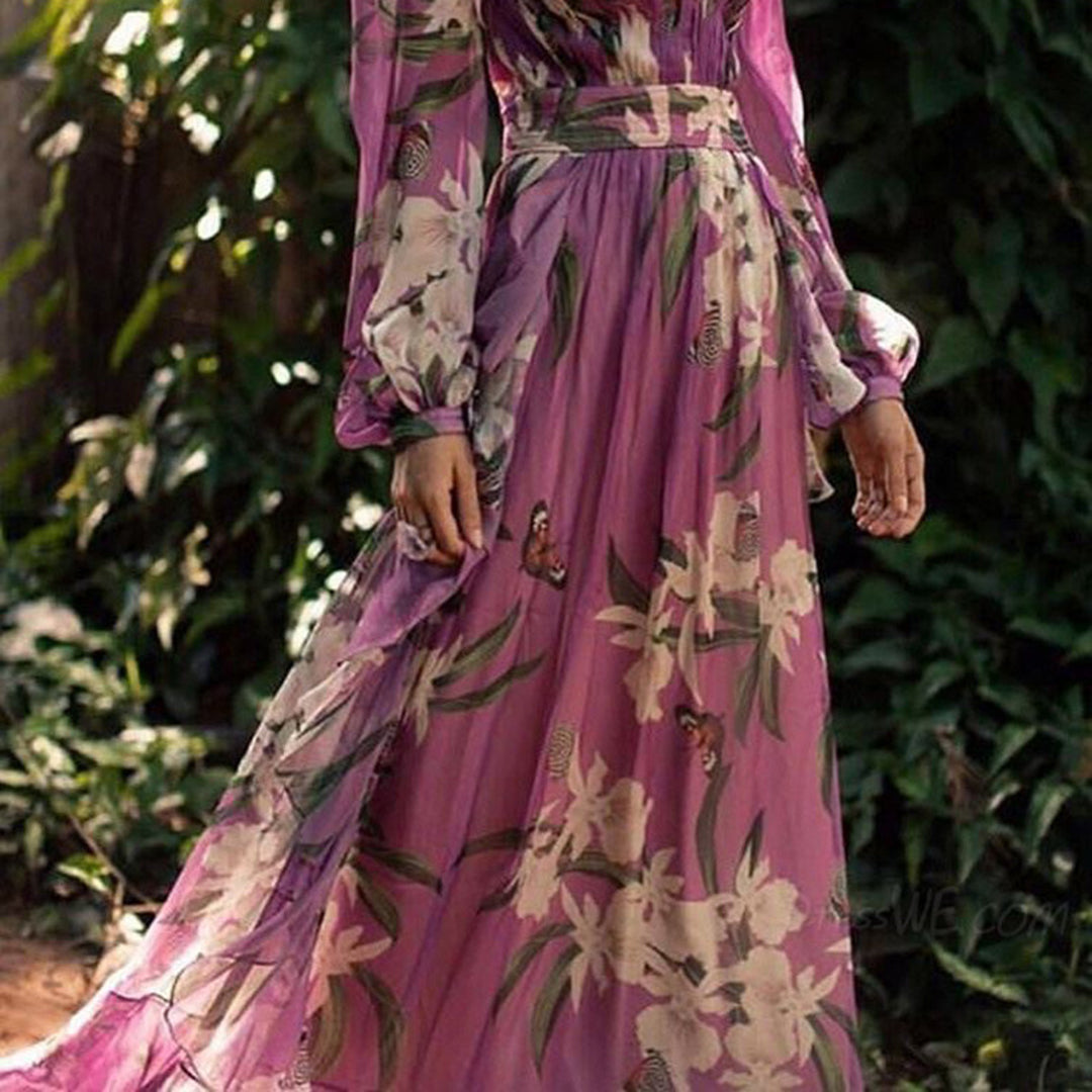 Marciana | Vestido Largo Cruzado de Gasa Boho con Flores y Escote en V