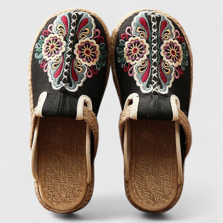 Momount Mujer Mules Bordados – Lona Floral Suela de Yute Slip-On Punta Cerrada