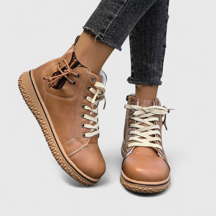 Momount Mujer Botines Estilo Zapatilla Alta – Piel Cordones Cremallera Lateral Suela de Crepé