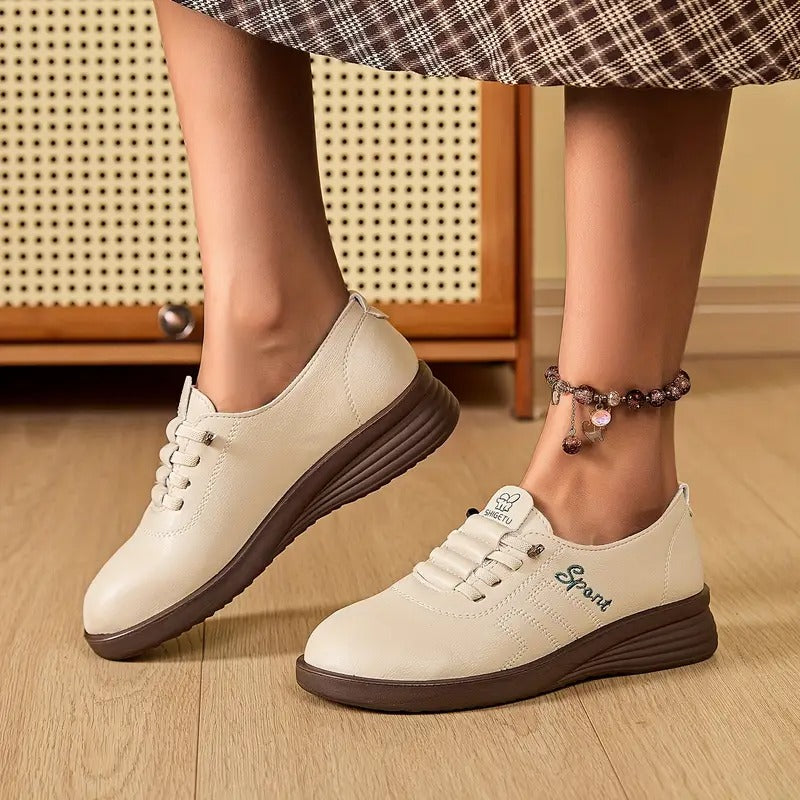 Momount Mujer Mocasines con Cordones – Piel Punta Redonda Plataforma Plana Casual