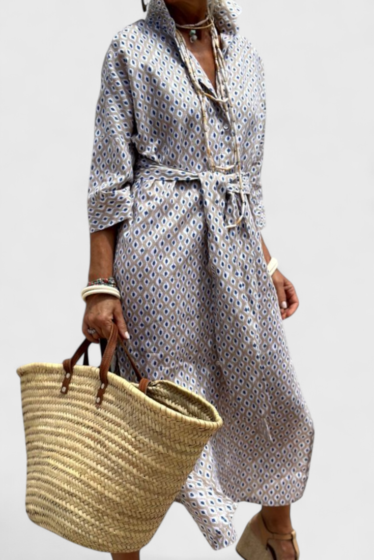 Belladora | Vestido Midi a Rayas con Cuello de Camisa para la Playa