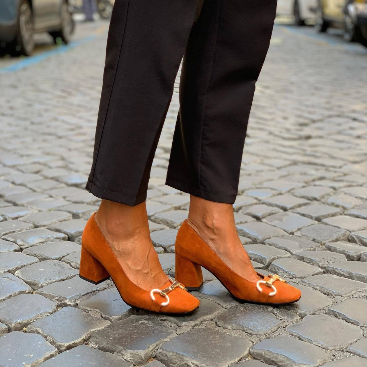 Momount Zapatos de Tacón Ancho de Mujer – Ante con Hebilla y Punta Cuadrada para Oficina