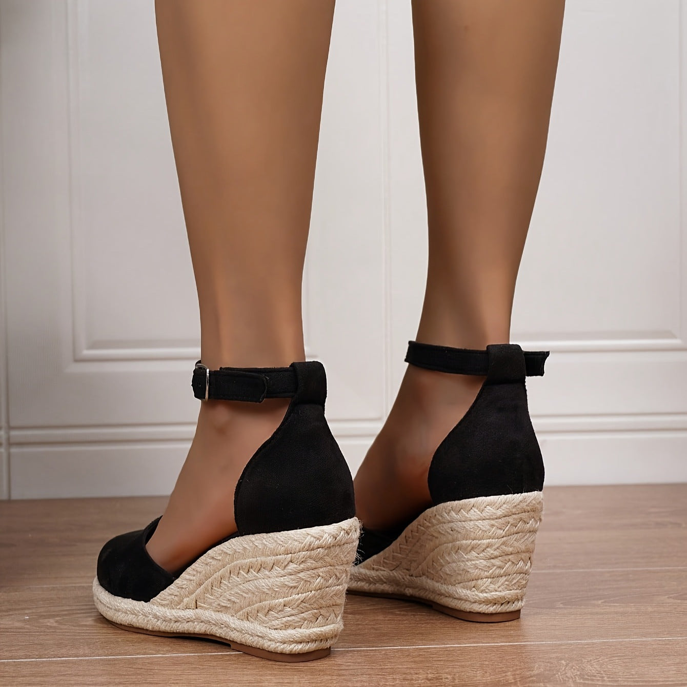 Sandalias de Cuña de Mujer – Espadrilles Ante Nude Punta Cerrada con Hebilla