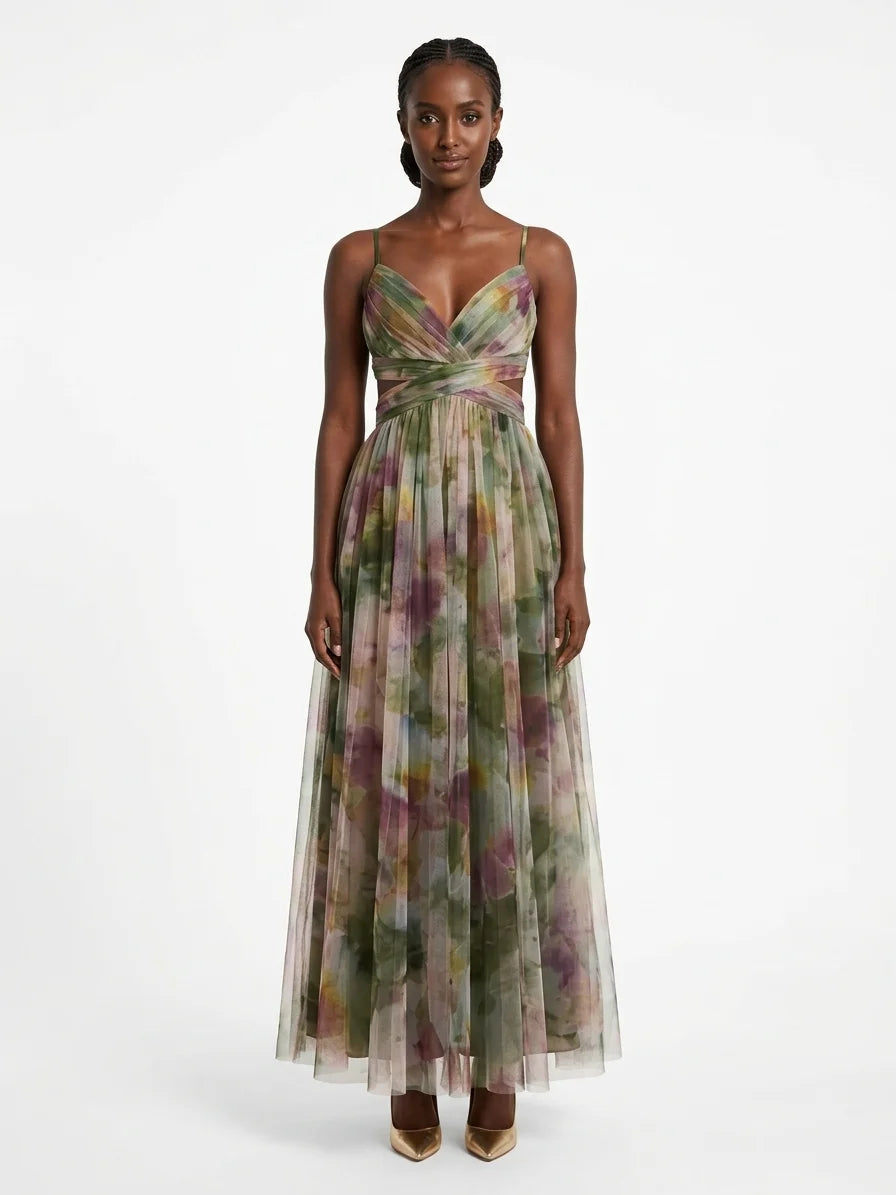 Aria Fitted Bodice Maxi Dress | V-Neck, Pleated Skirt - Green - front