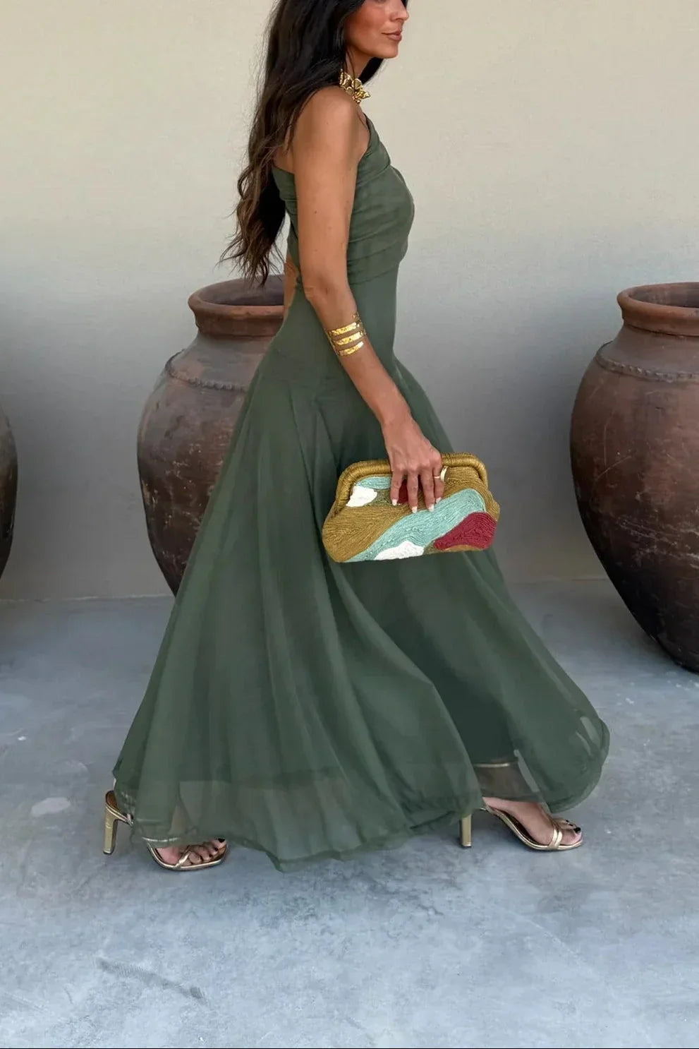Ariadne | Vestido Largo Chic Drapeado Un Solo Hombro Drapeado Sin Mangas Verano
