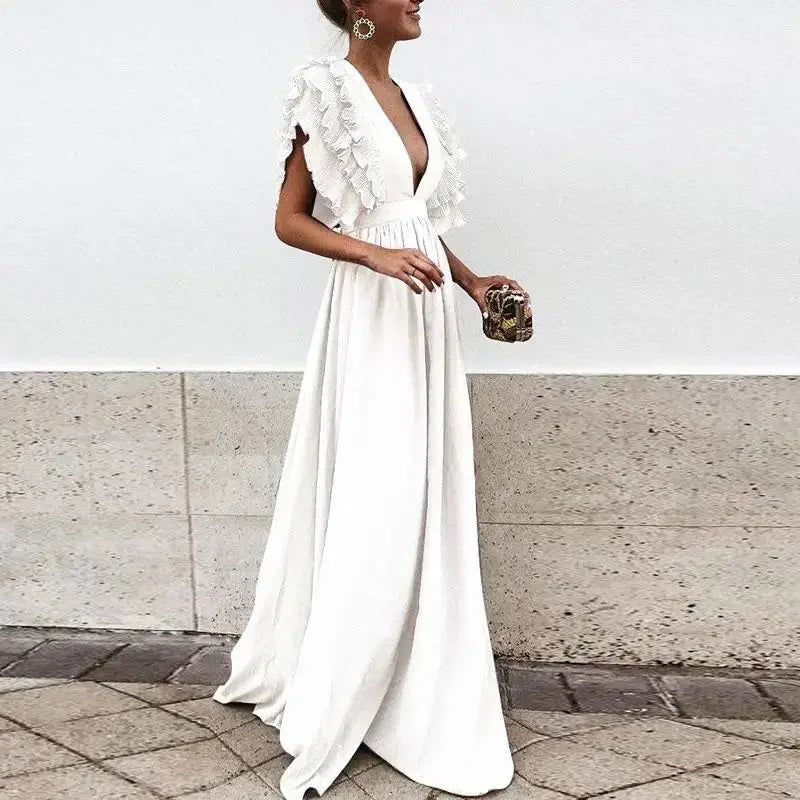 Dorelia | Vestido Largo Vaporoso de Gasa Escote en V Manga con Volante Verano