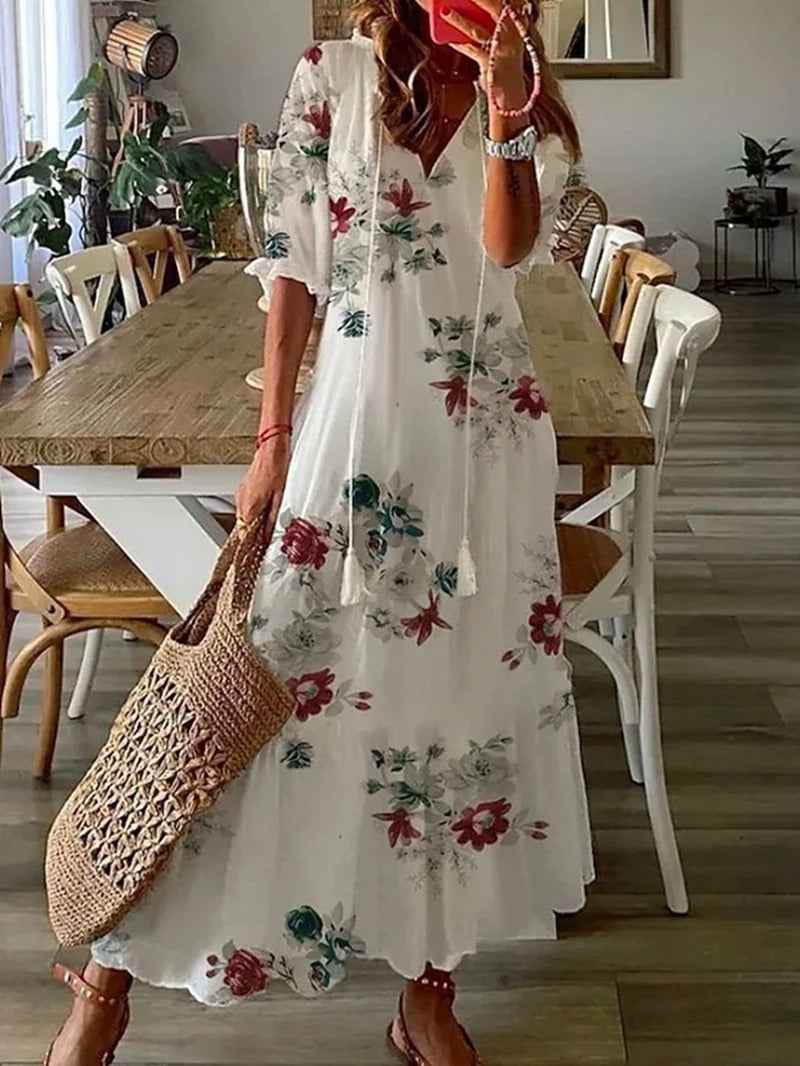 Isadora | Vestido Largo Boho Floral con Botonadura