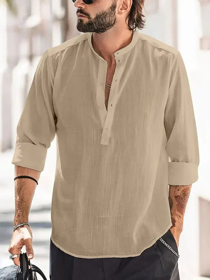 Camisa Henley de Lino de Hombre Momount – Manga Larga y Cuello Mao