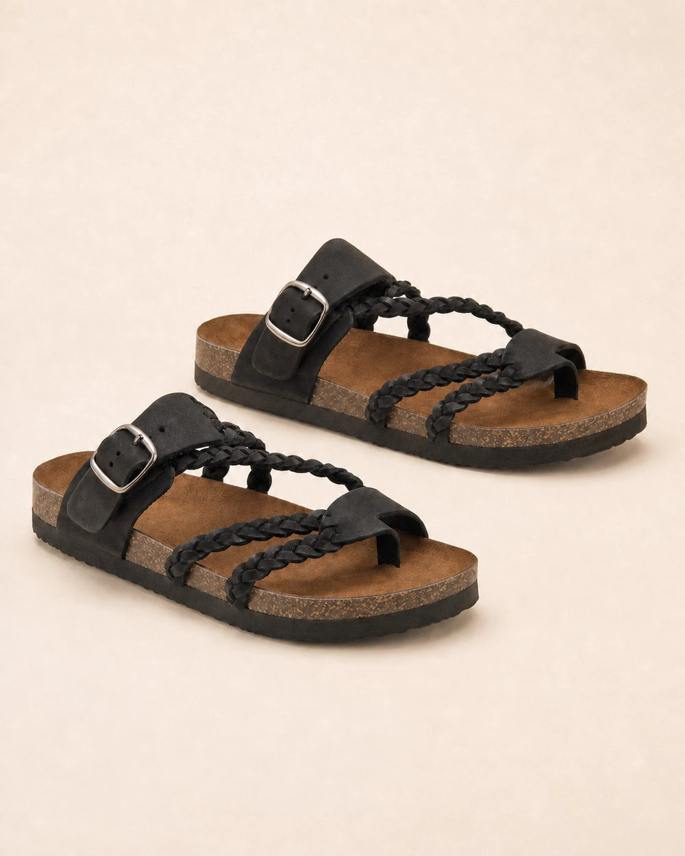 Sandalias planas de mujer con tiras trenzadas y hebilla — image 2