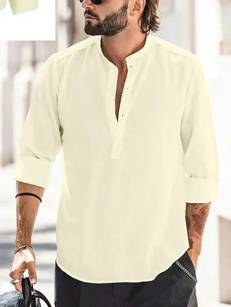 Camisa Henley de Lino de Hombre Momount – Manga Larga y Cuello Mao