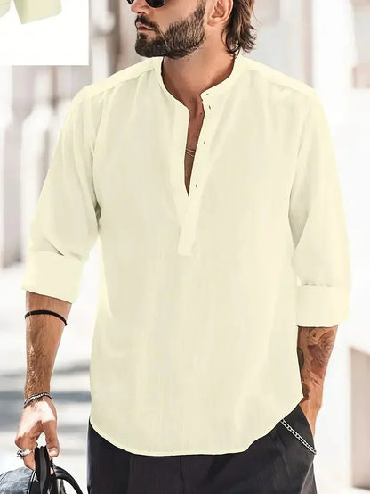 Camisa Henley de Lino de Hombre Momount – Manga Larga y Cuello Mao