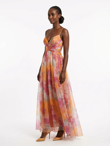 Aria Fitted Bodice Maxi Dress | V-Neck, Pleated Skirt - Orange - 3/4