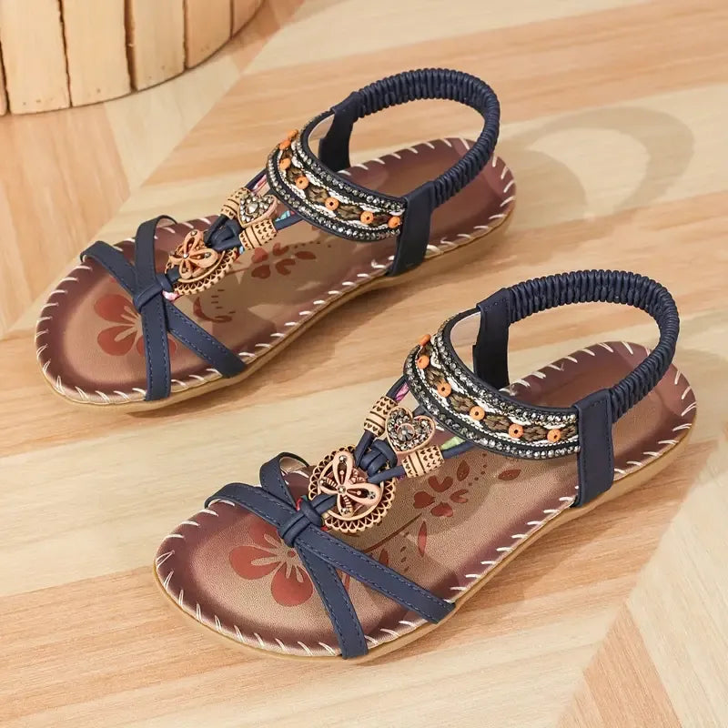 Sandalias Slingback de Mujer – Planas Boho Verde Azulado con Cuentas y Strass