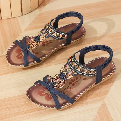 Sandalias Slingback de Mujer – Planas Boho Verde Azulado con Cuentas y Strass