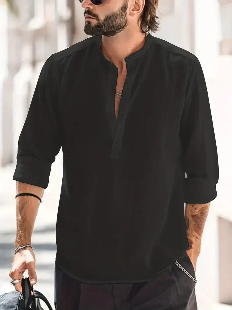 Camisa Henley de Lino de Hombre Momount – Manga Larga y Cuello Mao