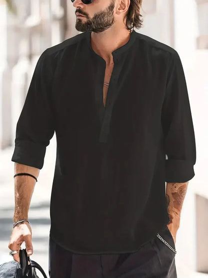 Camisa Henley de Lino de Hombre Momount – Manga Larga y Cuello Mao