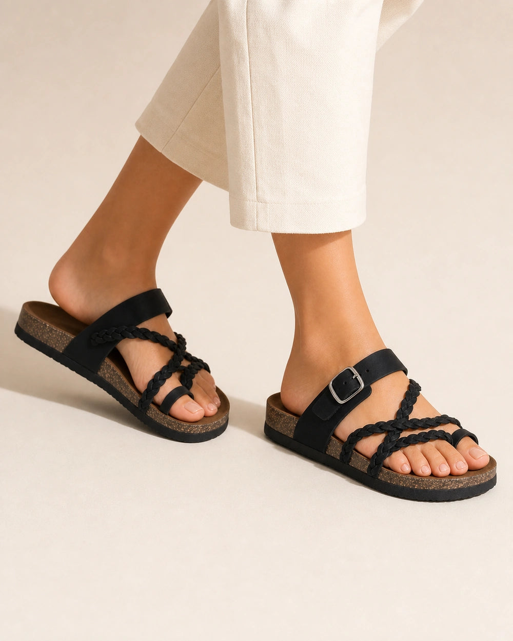 Sandalias planas de mujer con tiras trenzadas y hebilla — image 6