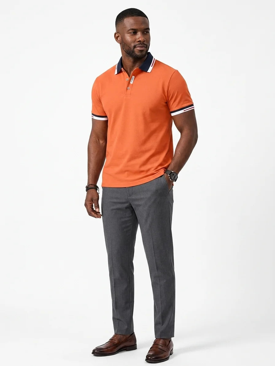 Momount Men Polo Shirt – Contrast Collar Striped Cuff Short Sleeve - Orange - 3/4