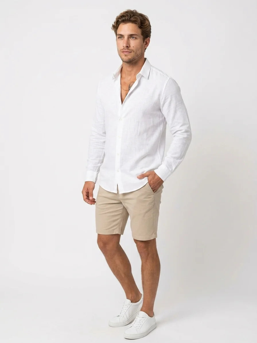 Momount Men Linen Shirt – Long Sleeve Slim Fit Point Collar Classic - White - 3/4