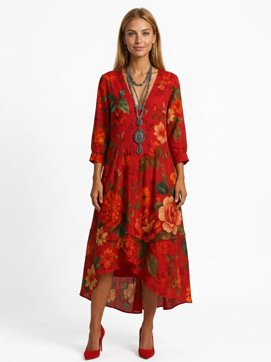 Ivy Boho Midi Dress | Floral Print, Tiered Skirt, 3/4 Sleeve - Red - front