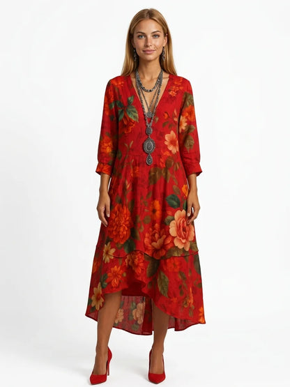 Ivy Boho Midi Dress | Floral Print, Tiered Skirt, 3/4 Sleeve - Red - front