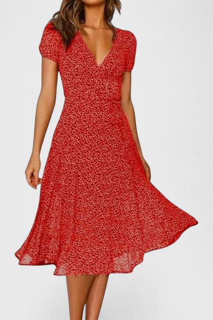 Nuria A-Line Midi Dress | V-Neck, Dynamic Hem, Everyday