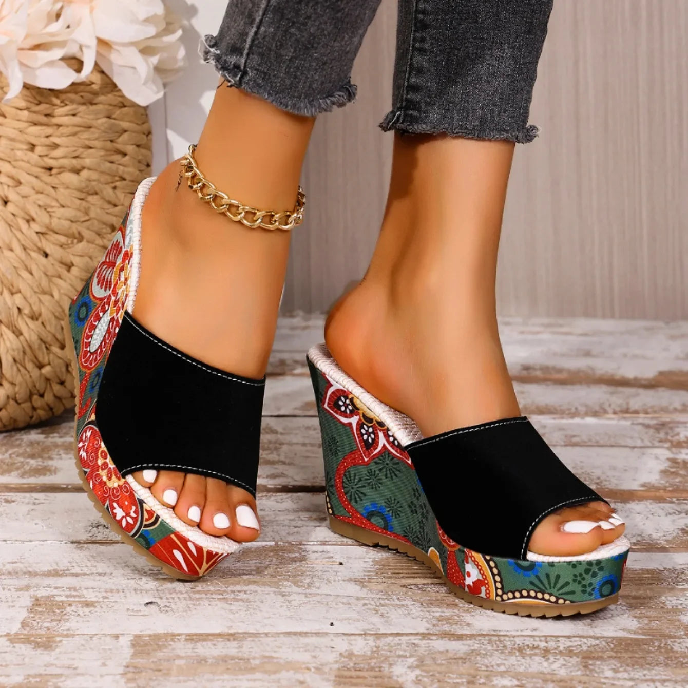 Sandalias de Cuña de Mujer – Ante Estampado Floral Plataforma Slide Boho