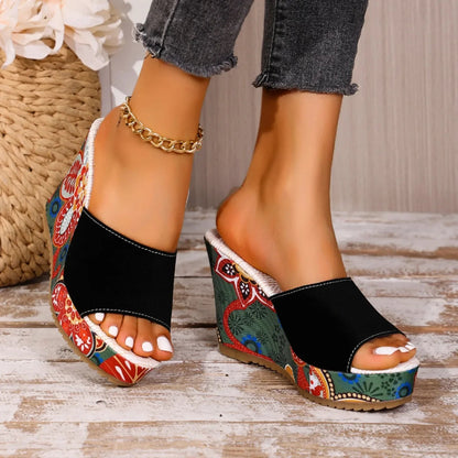 Sandalias de Cuña de Mujer – Ante Estampado Floral Plataforma Slide Boho