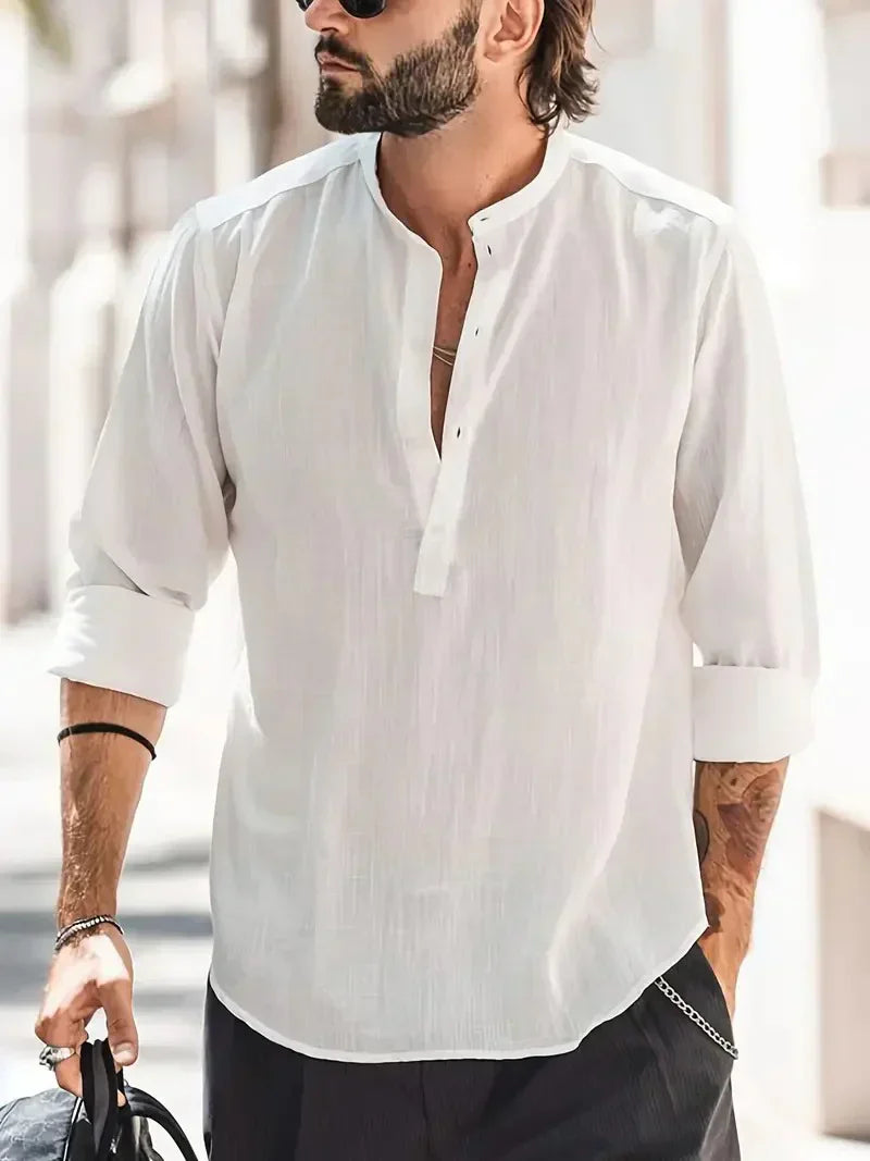 Camisa Henley de Lino de Hombre Momount – Manga Larga y Cuello Mao
