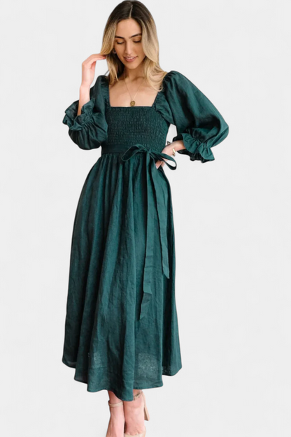 Marcellina | Vestido Midi Boho con Escote en V, Fruncido y Mangas Abullonadas
