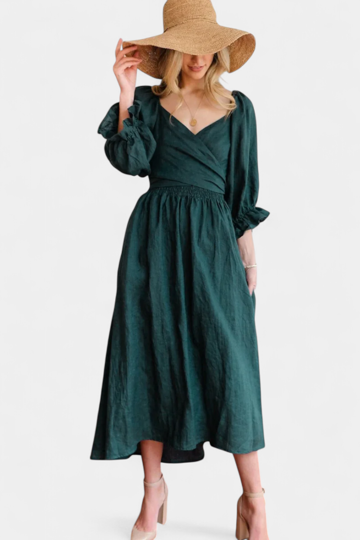 Marcellina | Vestido Midi Boho con Escote en V, Fruncido y Mangas Abullonadas