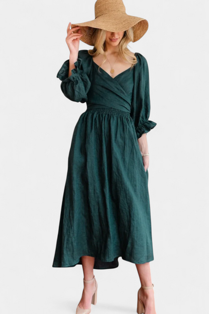 Marcellina | Vestido Midi Boho con Escote en V, Fruncido y Mangas Abullonadas