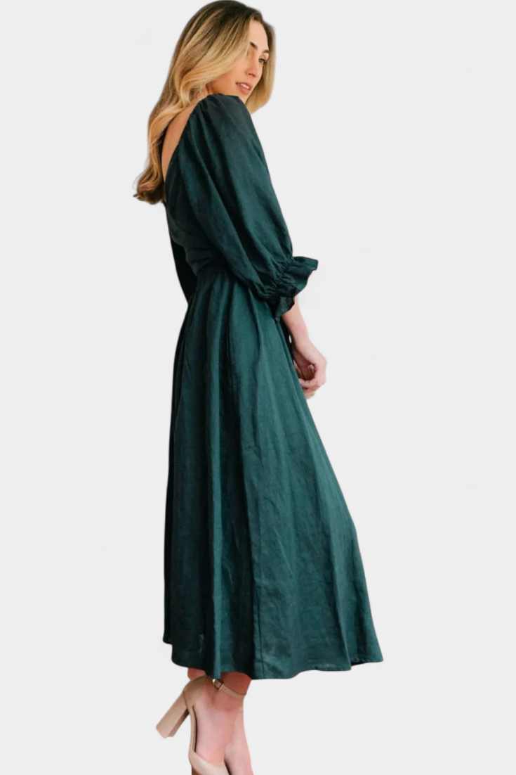 Marcellina | Vestido Midi Boho con Escote en V, Fruncido y Mangas Abullonadas
