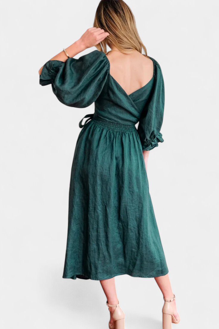 Marcellina | Vestido Midi Boho con Escote en V, Fruncido y Mangas Abullonadas