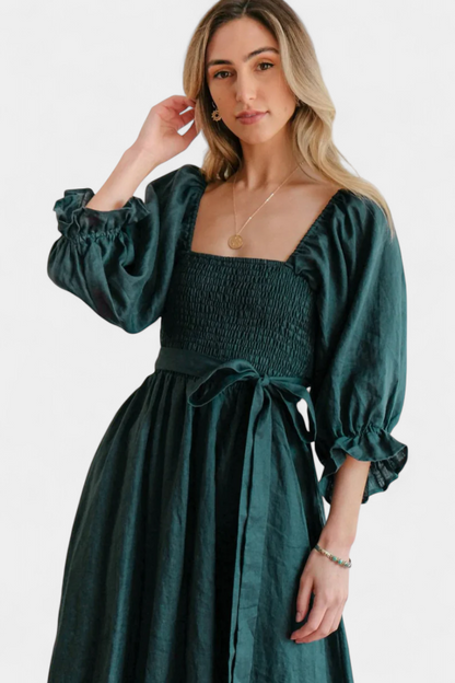 Marcellina | Vestido Midi Boho con Escote en V, Fruncido y Mangas Abullonadas