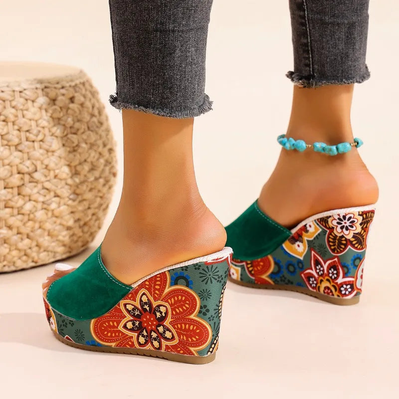 Sandalias de Cuña de Mujer – Ante Estampado Floral Plataforma Slide Boho