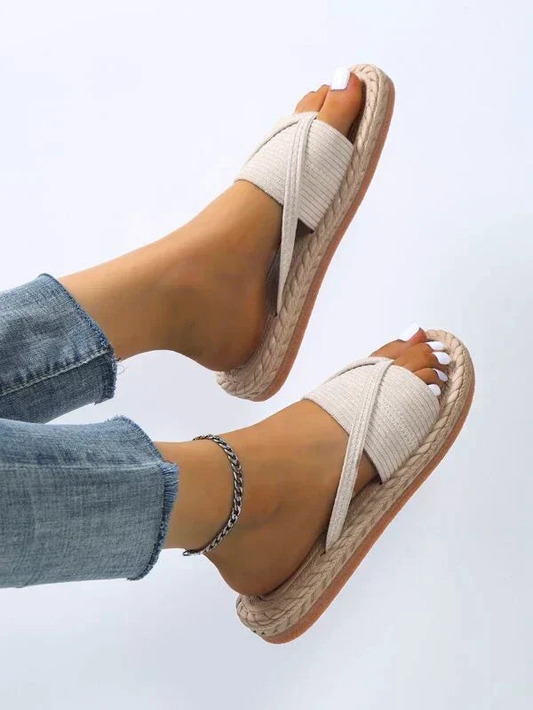 Sandalias Espadrilles de Mujer – Yute Tejido Anillo en Dedo Plana Slide