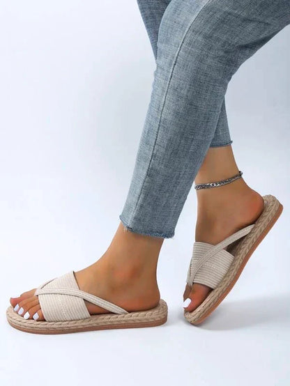 Sandalias Espadrilles de Mujer – Yute Tejido Anillo en Dedo Plana Slide