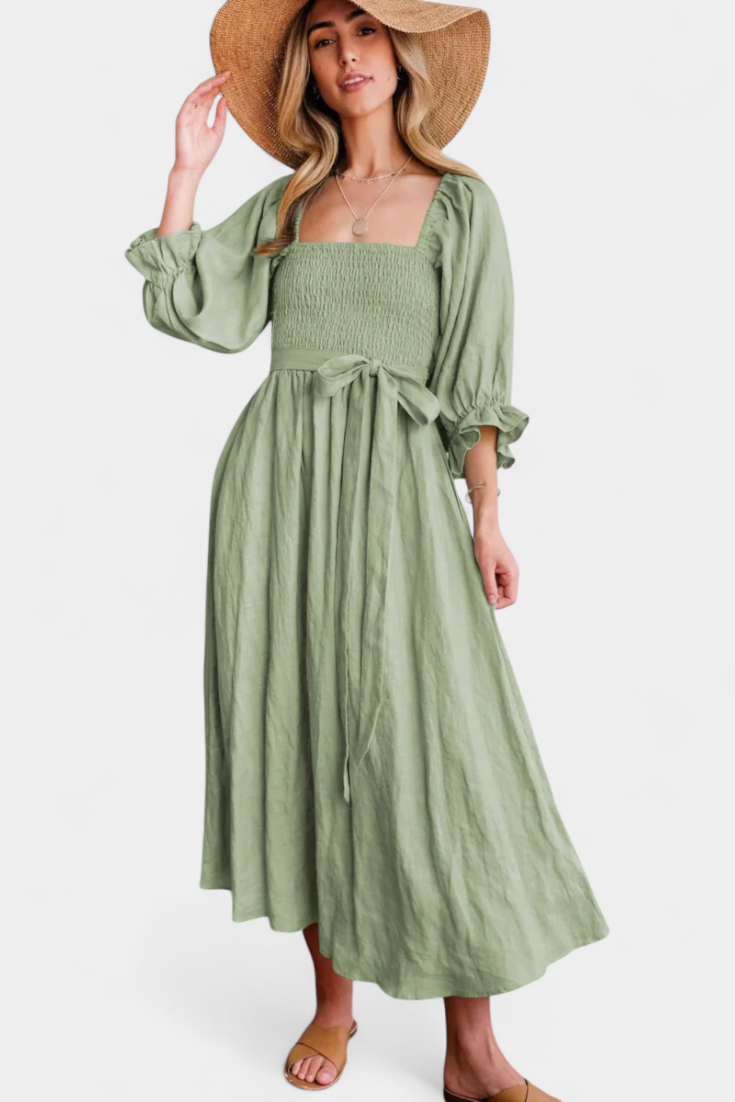 Marcellina | Vestido Midi Boho con Escote en V, Fruncido y Mangas Abullonadas