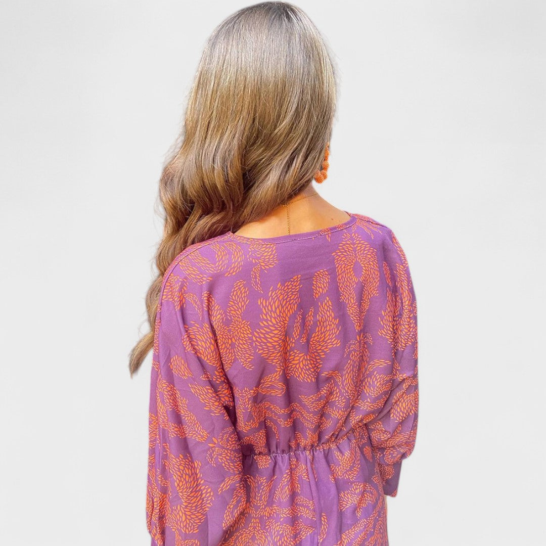 Sienna Midi Dress | Blue & Gold Print, Knot Front, Long Sleeve