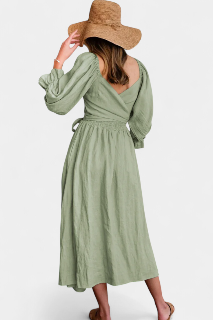 Marcellina | Vestido Midi Boho con Escote en V, Fruncido y Mangas Abullonadas