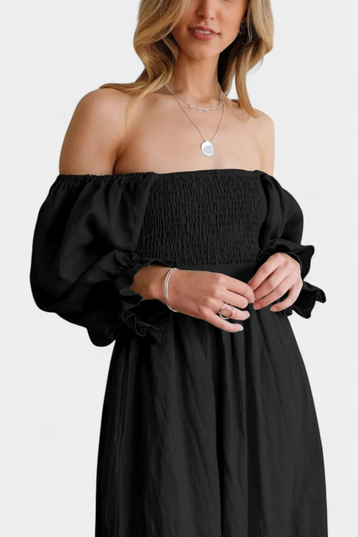 Marcellina | Vestido Midi Boho con Escote en V, Fruncido y Mangas Abullonadas